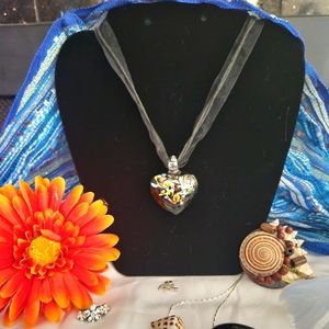 Cookie Lee, Rope and Ribbon Necklace with Glass Heart Pendant